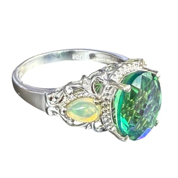 Exotic Peacock Quartz & Opal Ring in Sterling Silver Size 11 - Picture 3 of 9